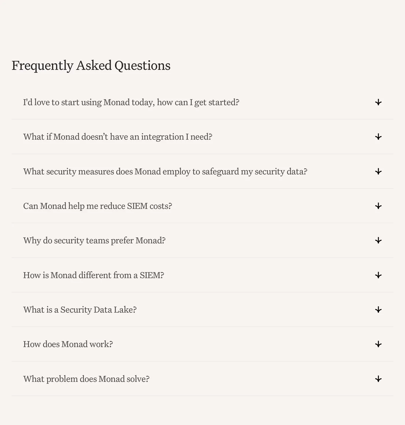 Monad — screenshot of the faq section