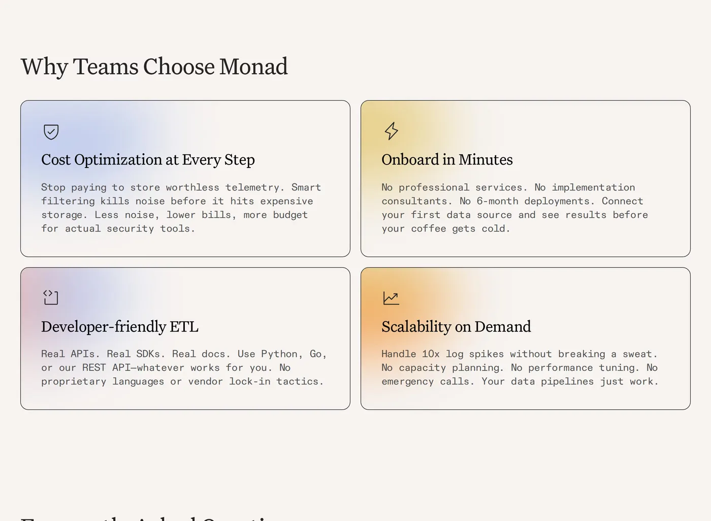 Monad — screenshot of the features section