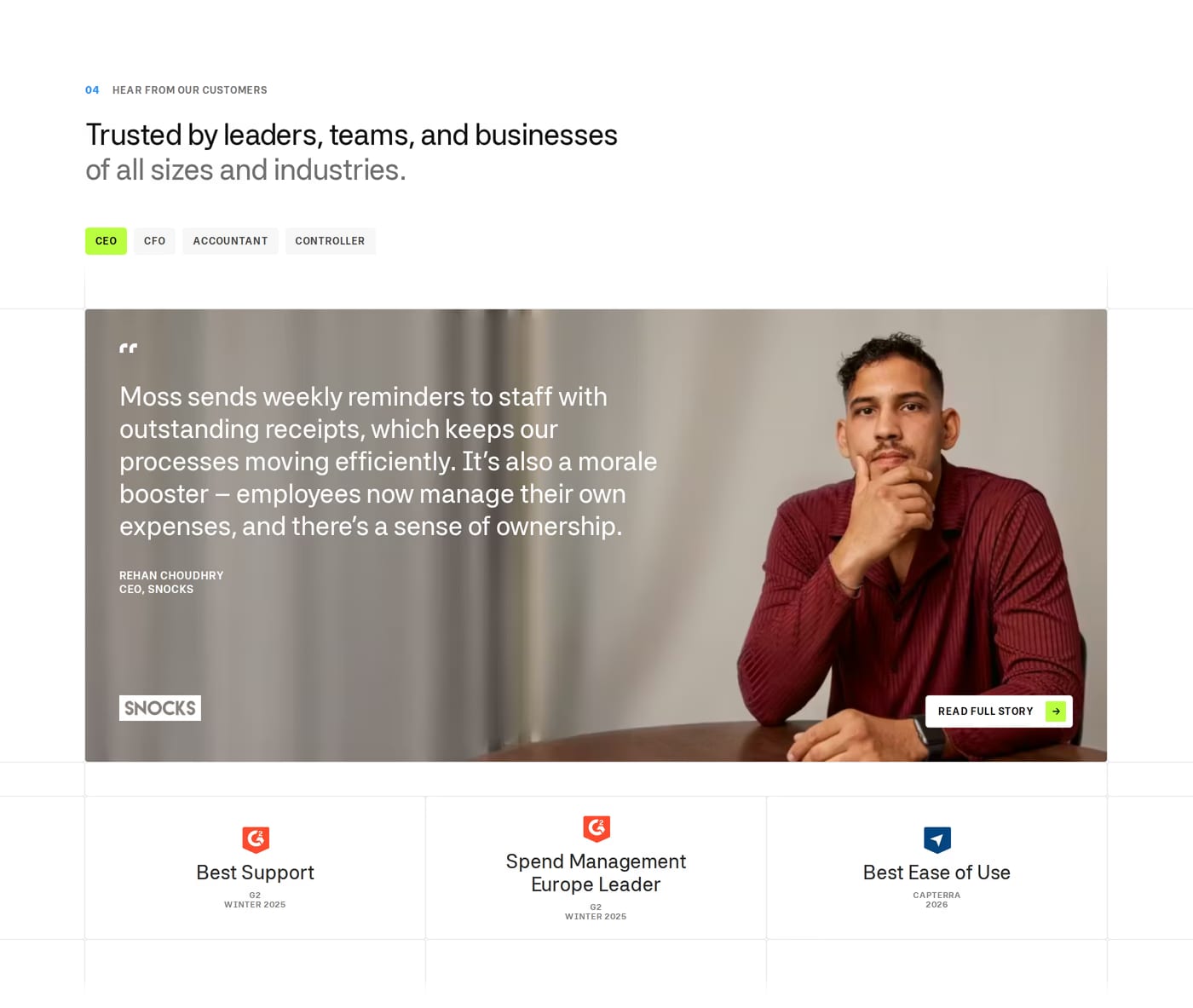 Moss — screenshot of the testimonials section