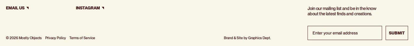 Mostly Objects — screenshot of the footer section