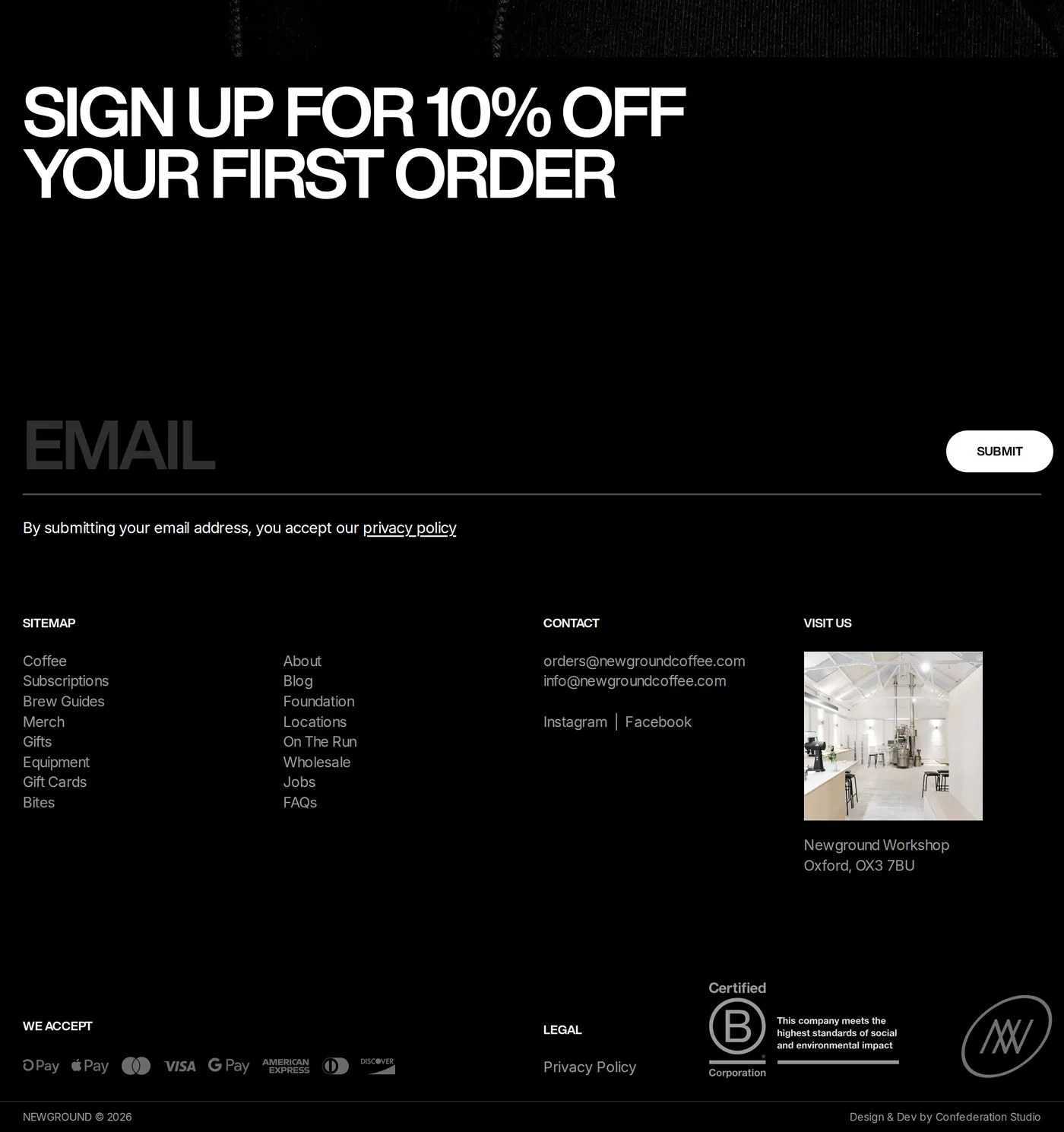 New Ground Coffee — screenshot of the footer section