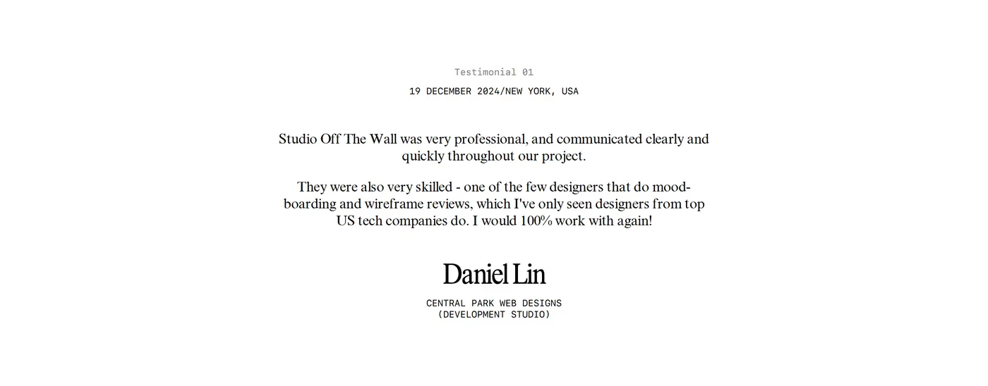 Off The Wall — screenshot of the testimonials section