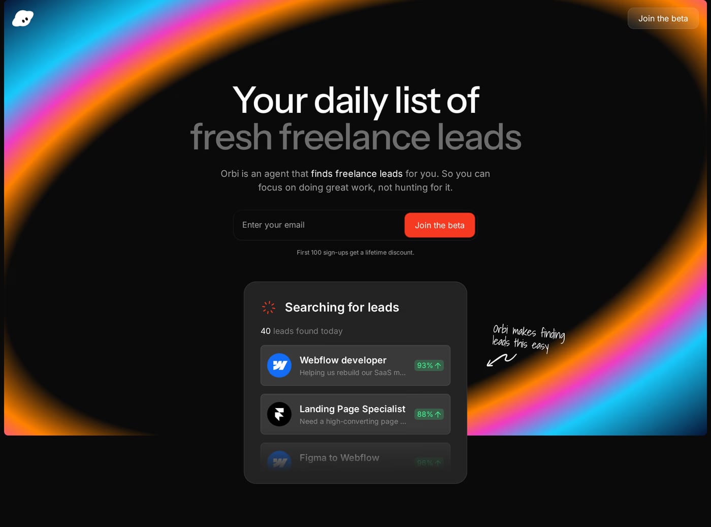 Orbi — screenshot of the hero section