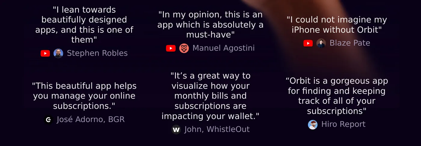 Orbit — screenshot of the testimonials section