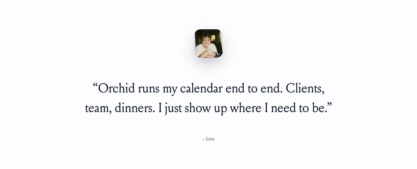 Orchid — screenshot of the testimonials section
