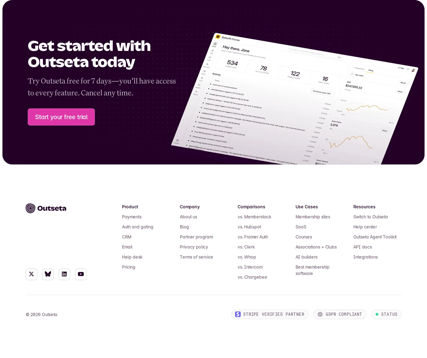 Outseta — screenshot of the footer section