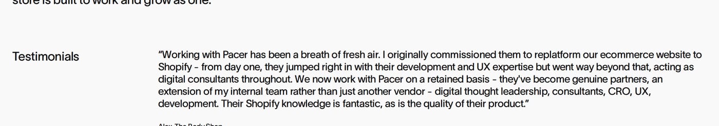 Pacer — screenshot of the testimonials section