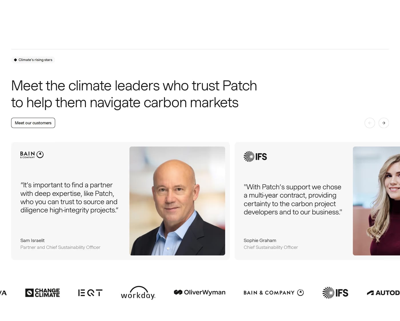 Patch — screenshot of the testimonials section