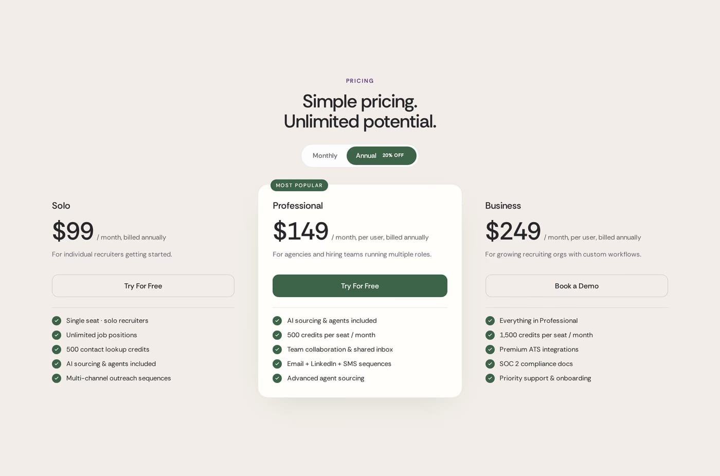 Pin — screenshot of the pricing section