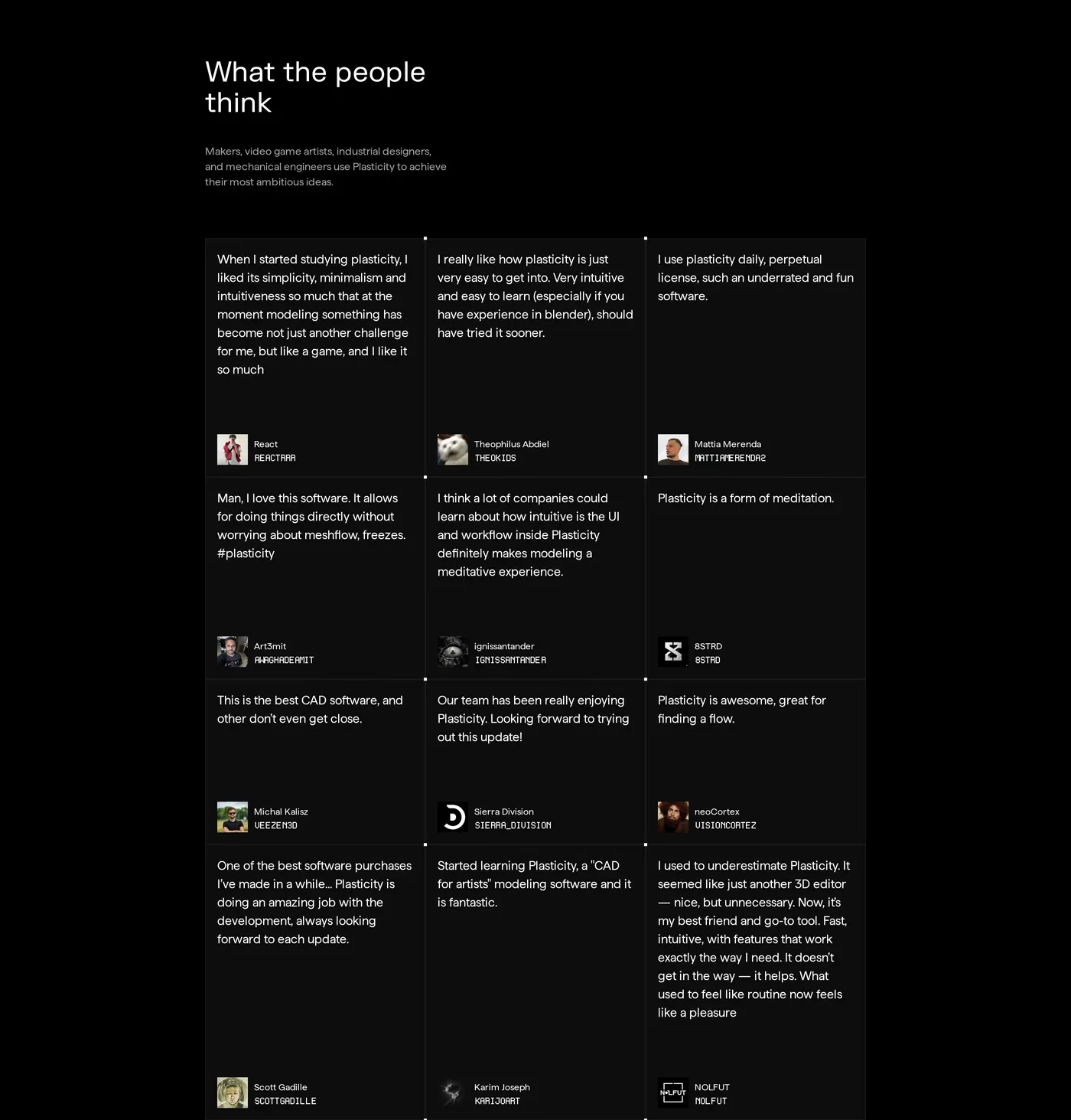Plasticity — screenshot of the testimonials section