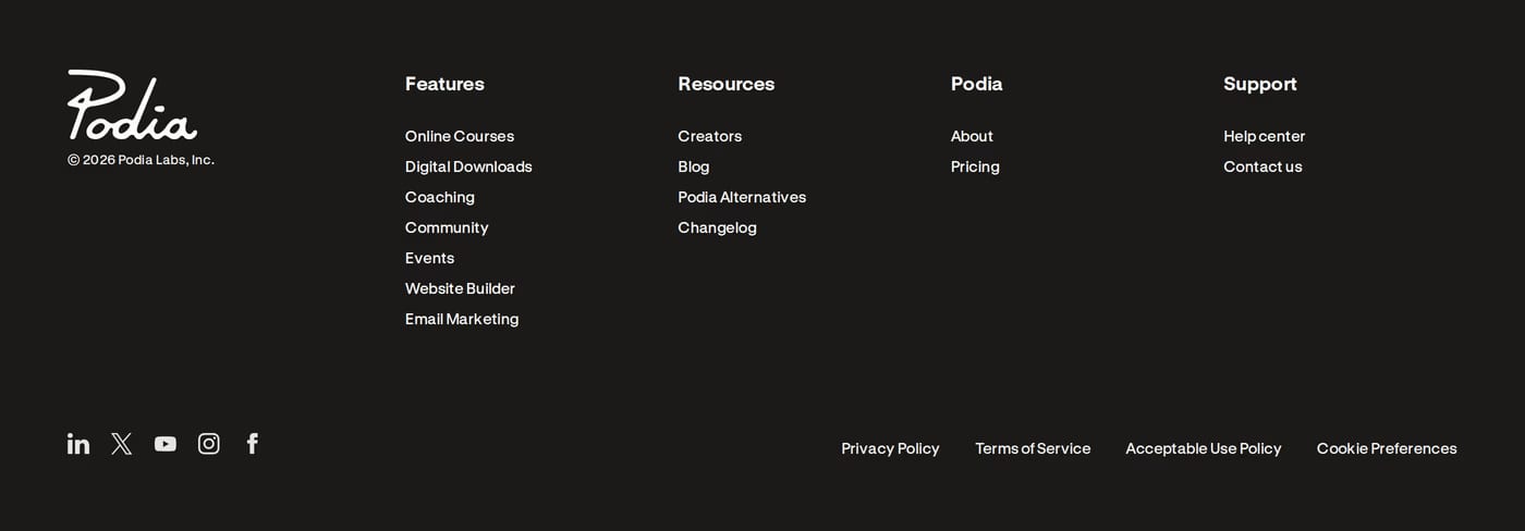 Podia — screenshot of the footer section