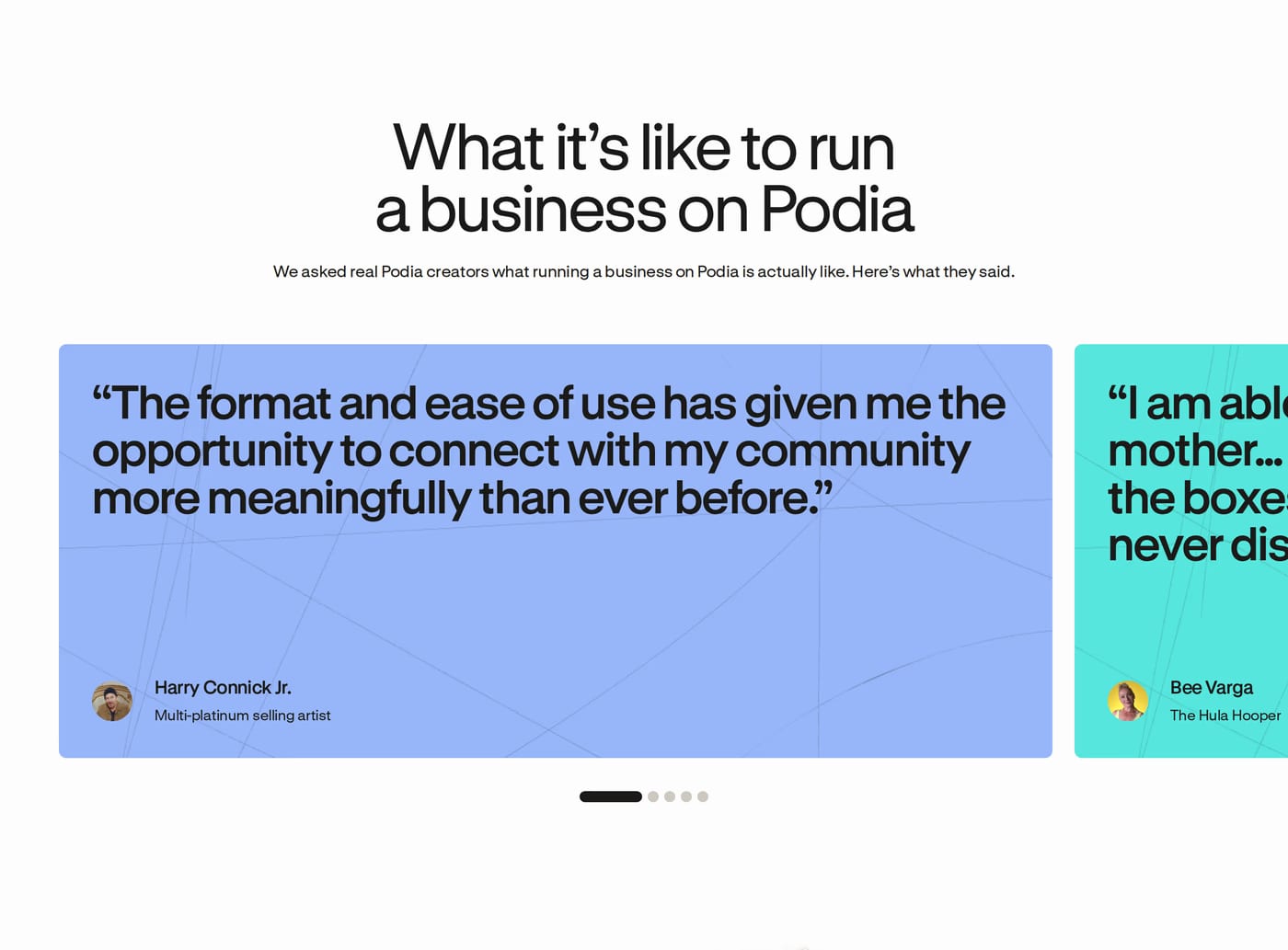 Podia — screenshot of the testimonials section