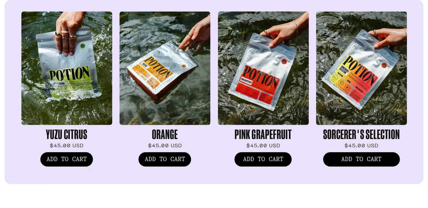 Potion — screenshot of the products section