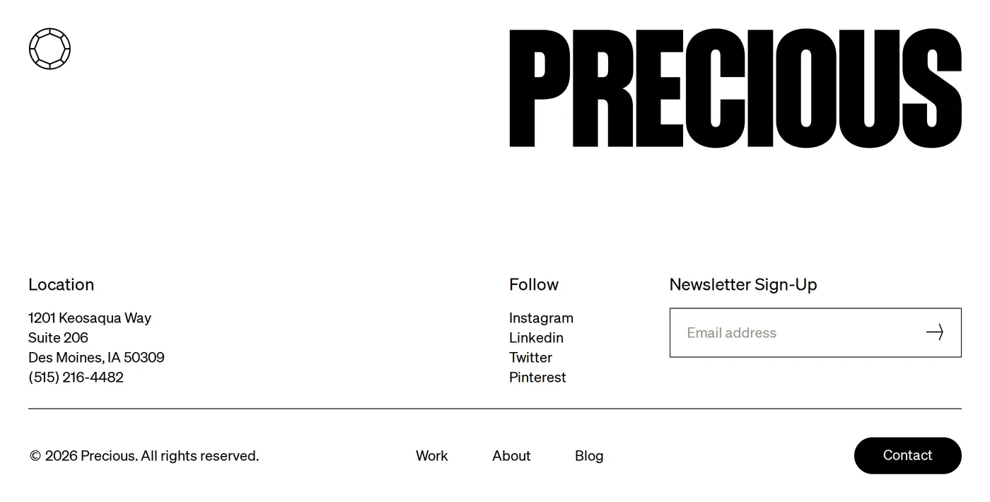 Precious — screenshot of the footer section
