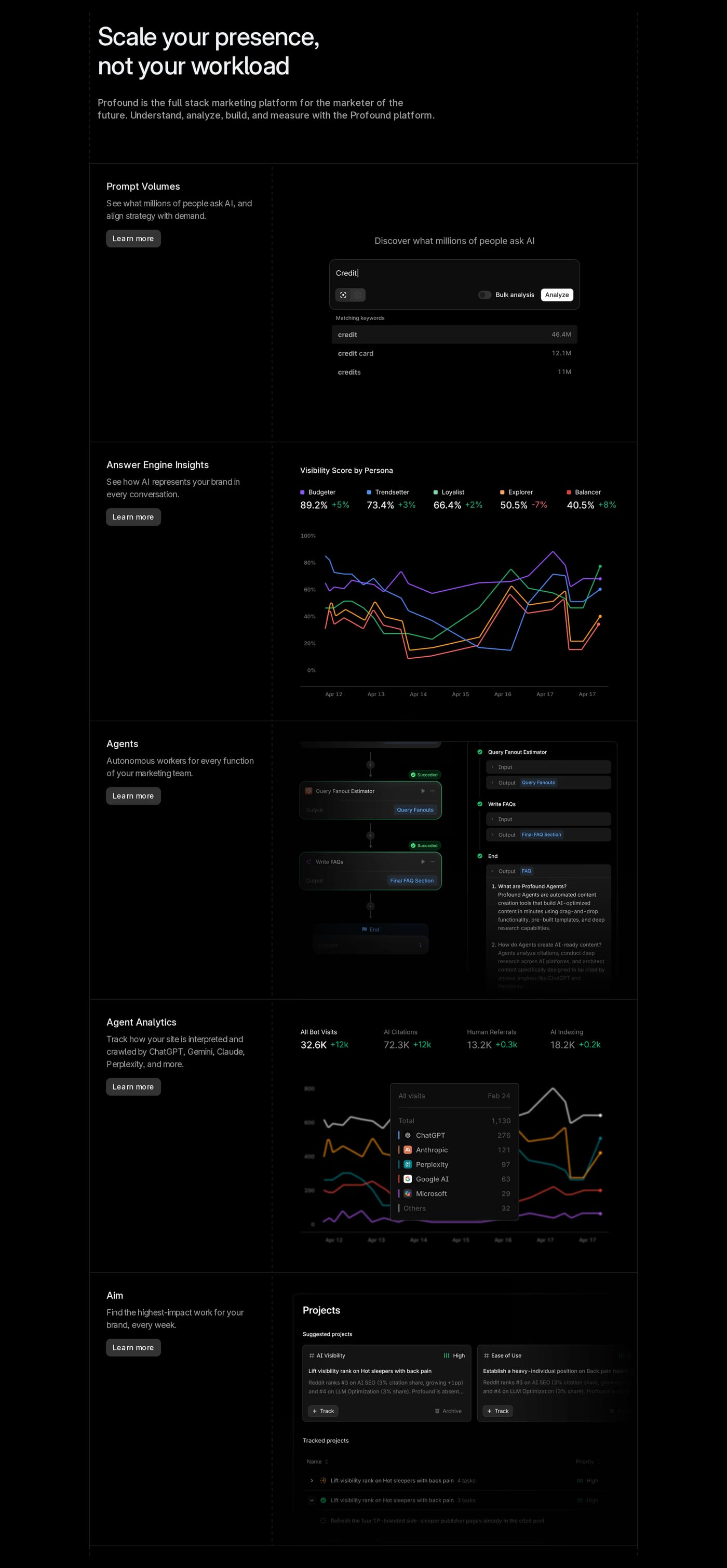 Profound — screenshot of the features section