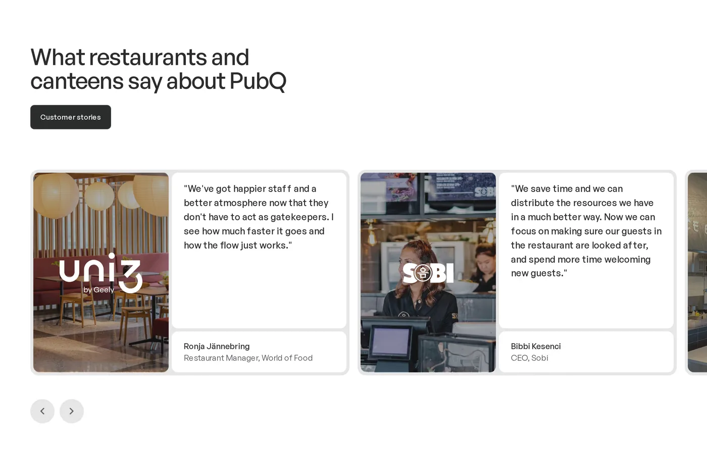 PubQ — screenshot of the testimonials section