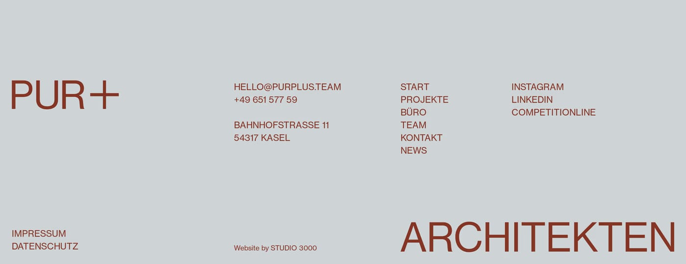 PUR+ Architekten — screenshot of the footer section