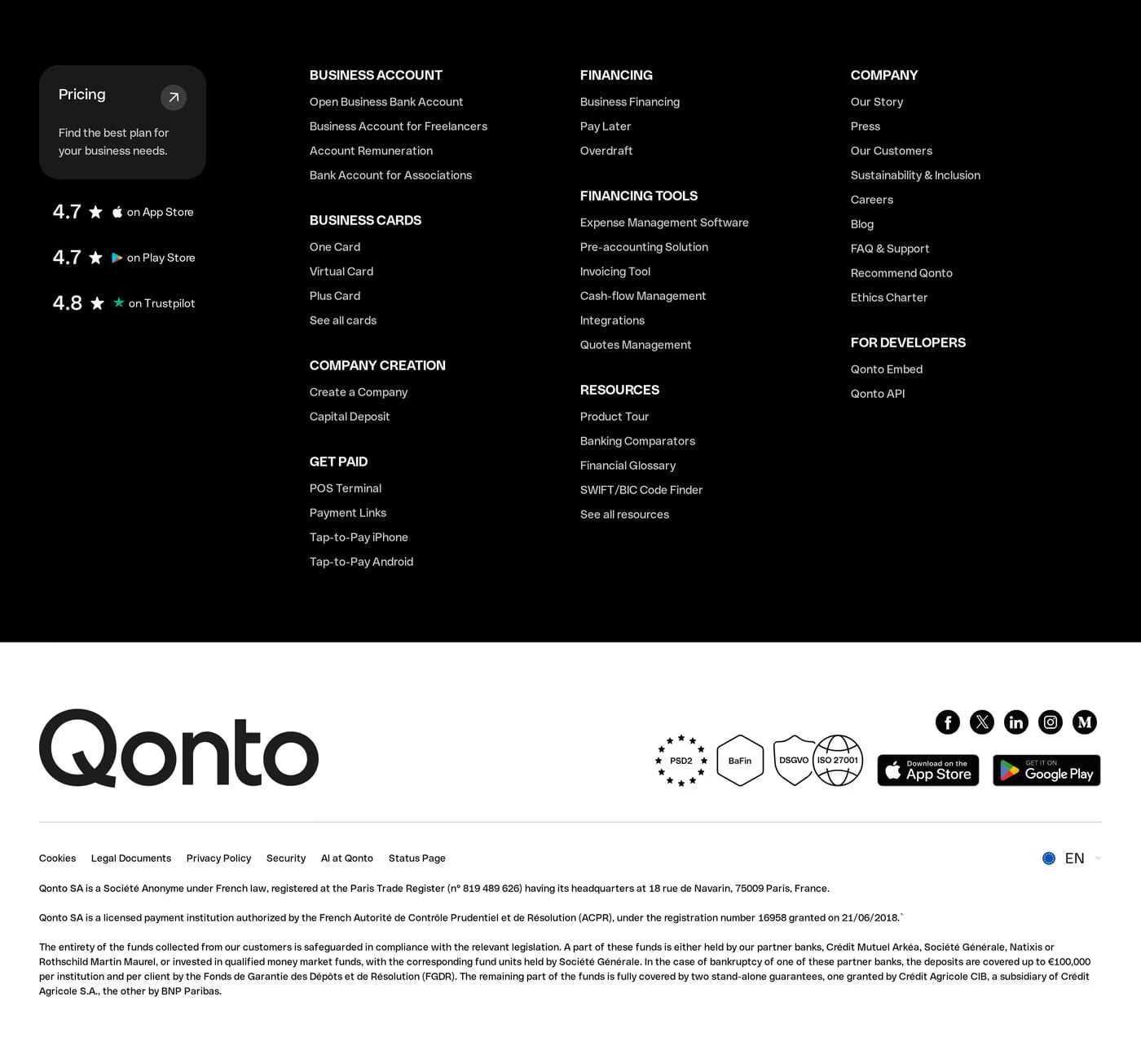 Qonto — screenshot of the footer section