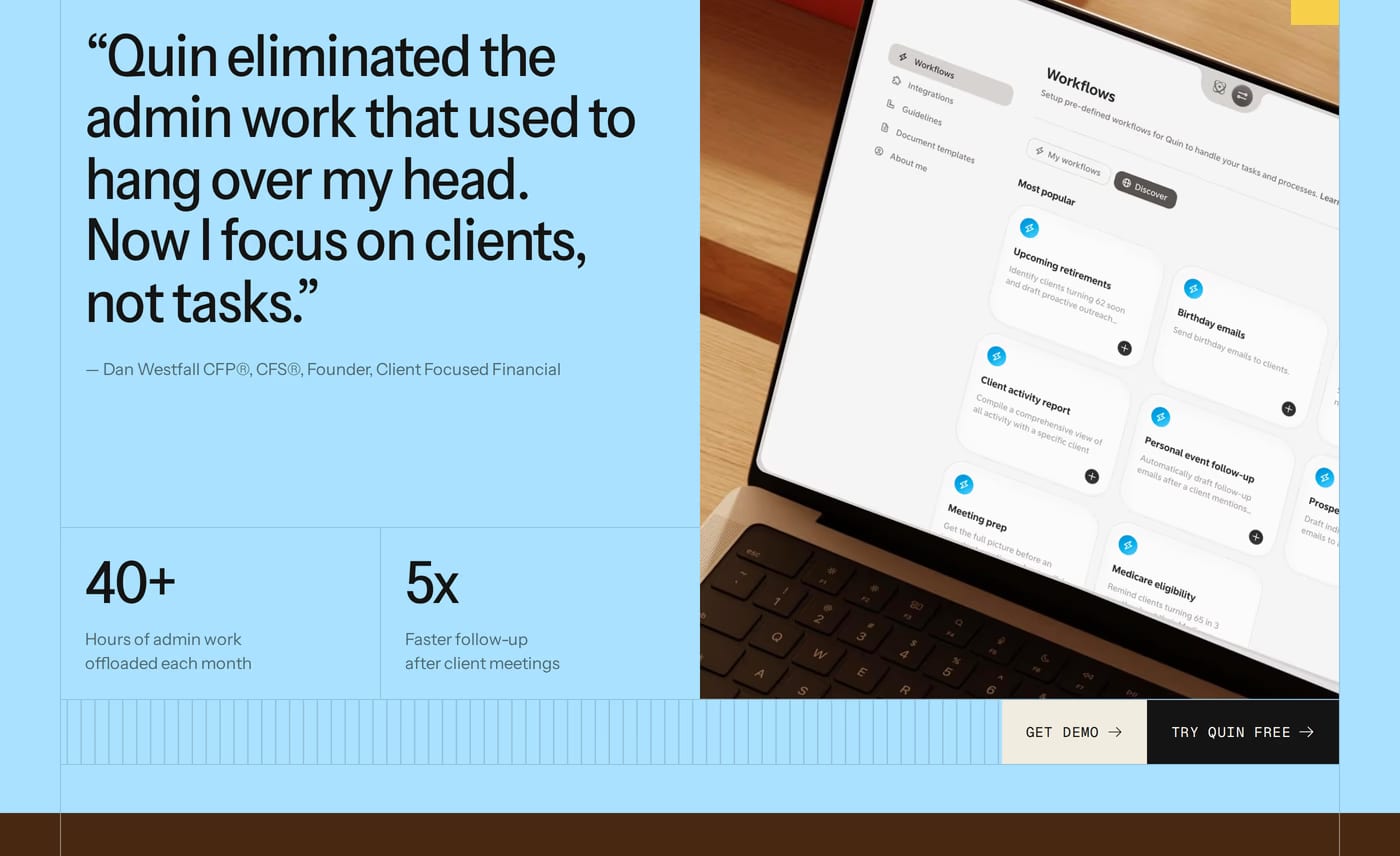 Quin — screenshot of the features section