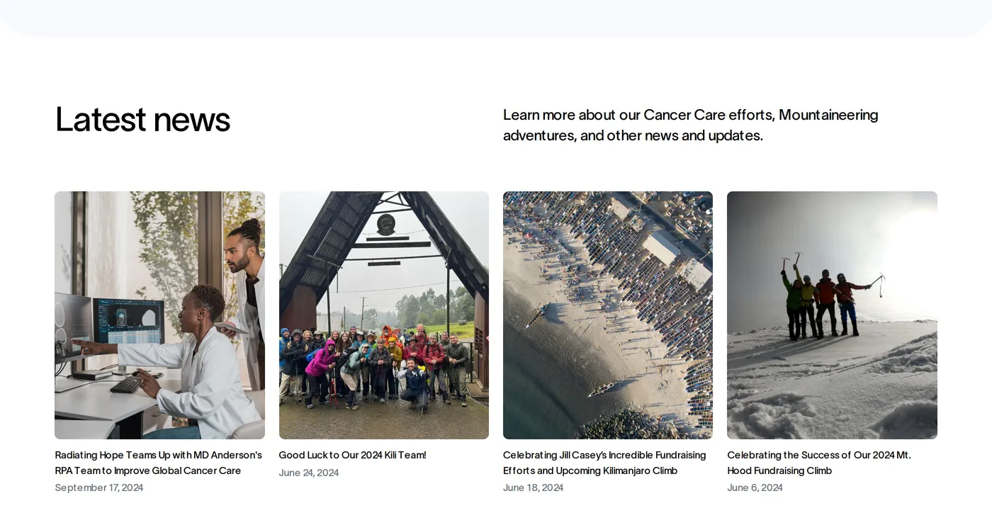 Radiating Hope — screenshot of the blog section
