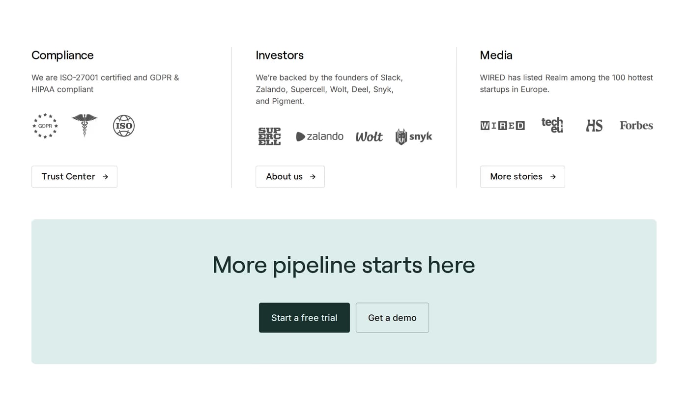 Realm — screenshot of the features section