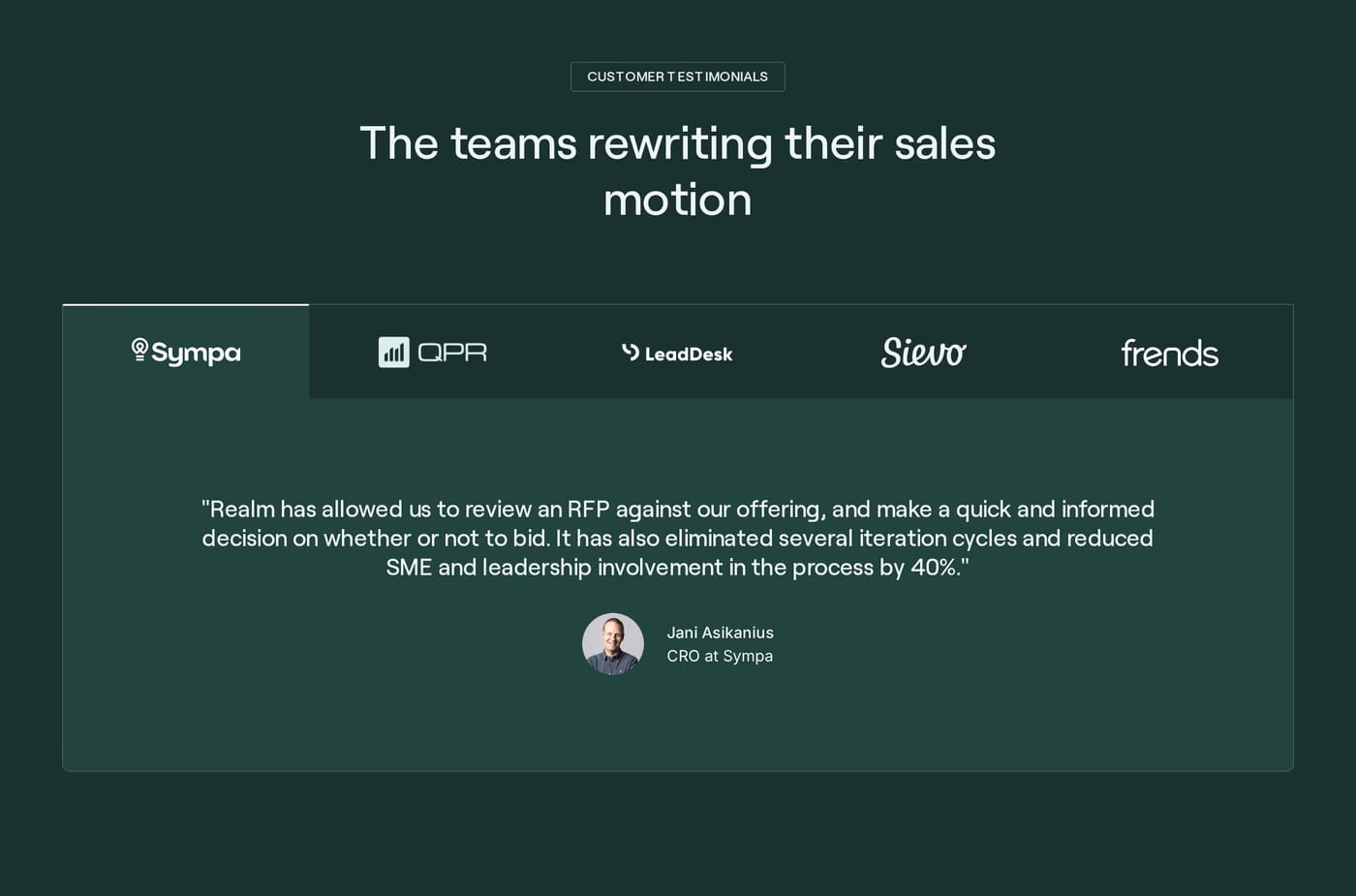 Realm — screenshot of the testimonials section