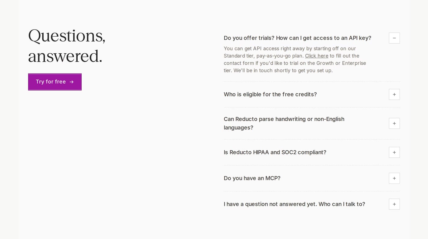Reducto — screenshot of the faq section