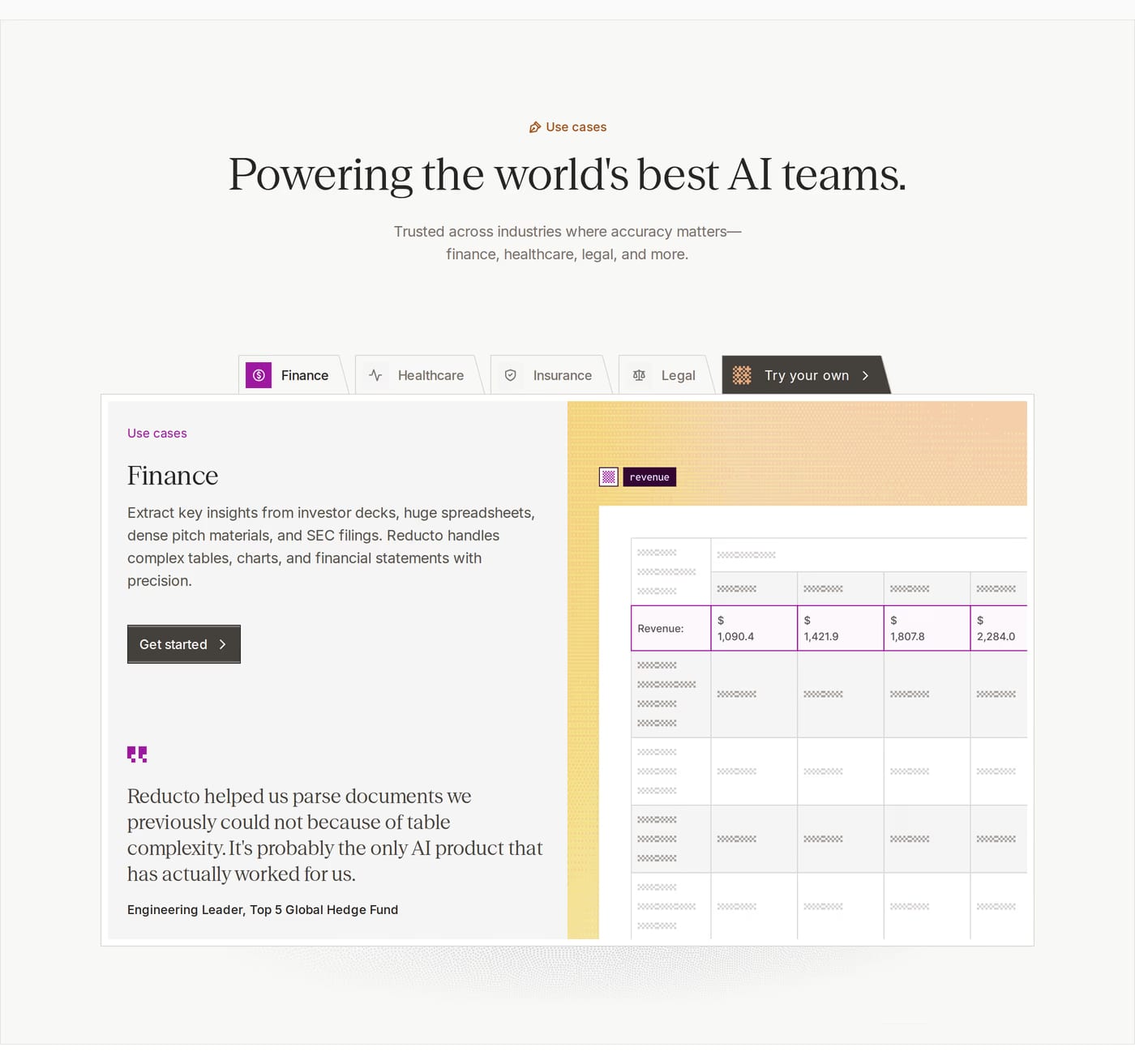 Reducto — screenshot of the features section