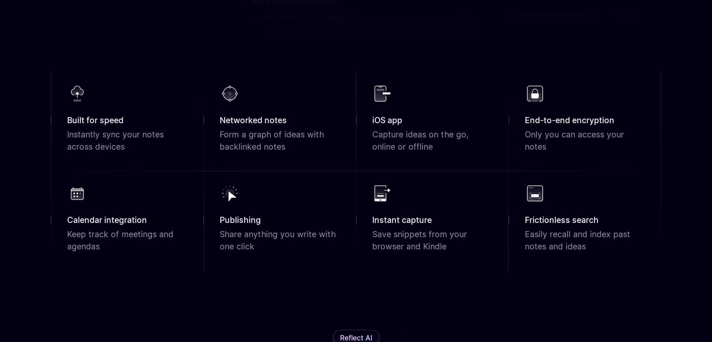 Reflect — screenshot of the features section