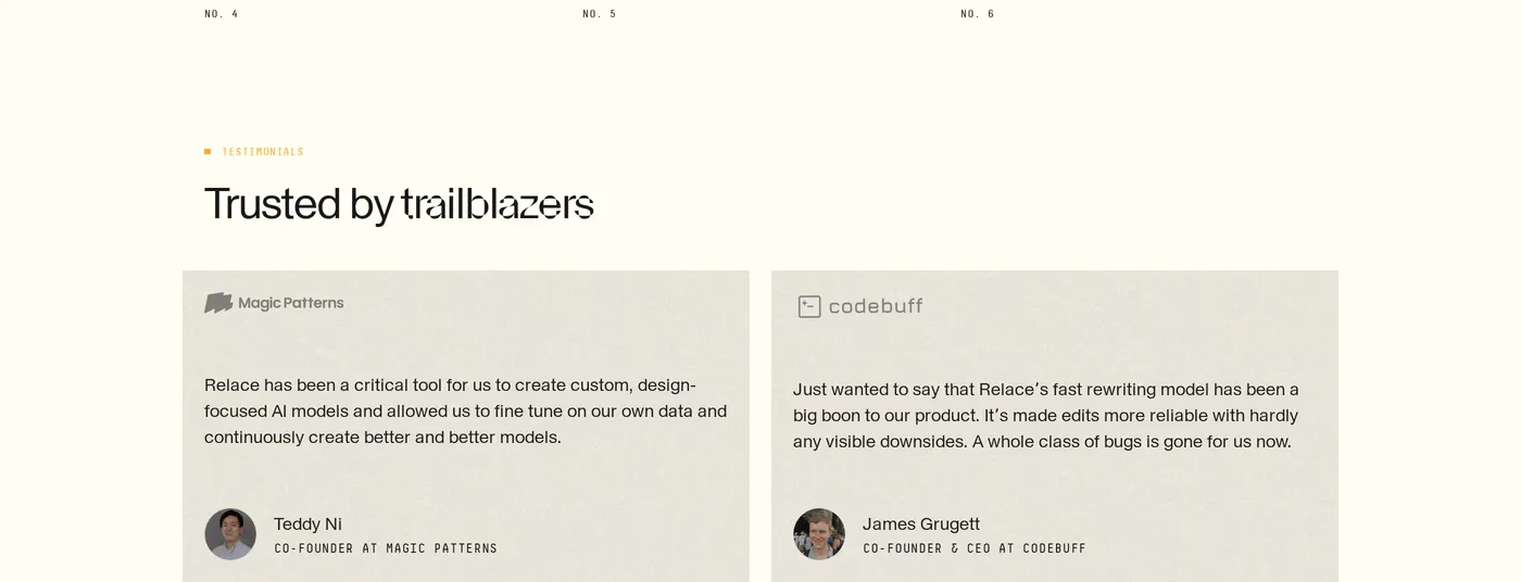 Relace — screenshot of the testimonials section