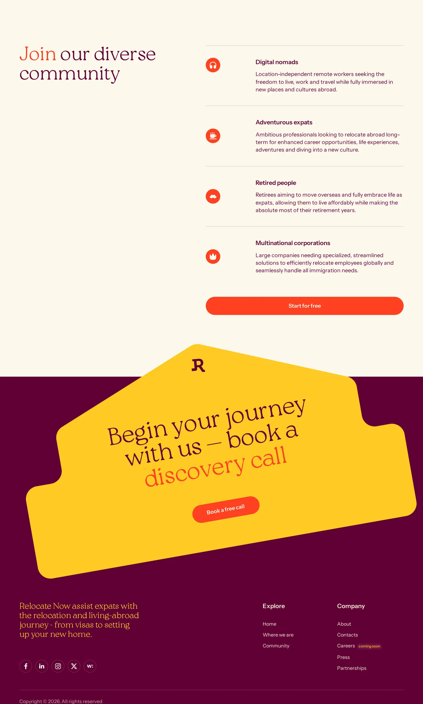 Relocate Now — screenshot of the footer section