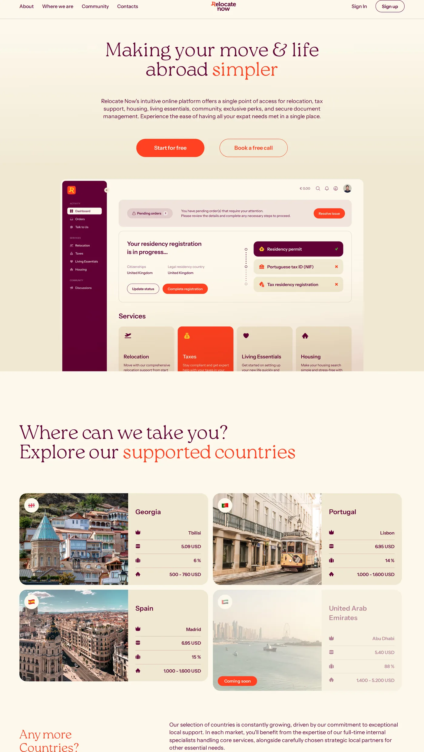 Relocate Now — screenshot of the hero section