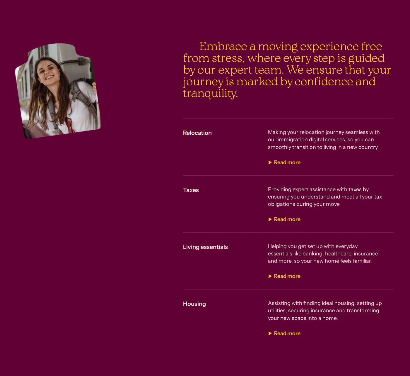 Relocate Now — screenshot of the services section
