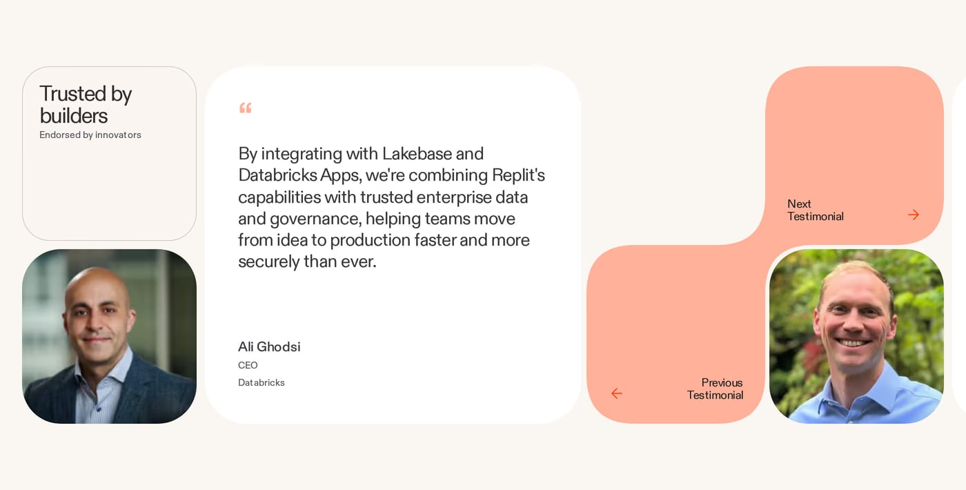 Replit — screenshot of the testimonials section