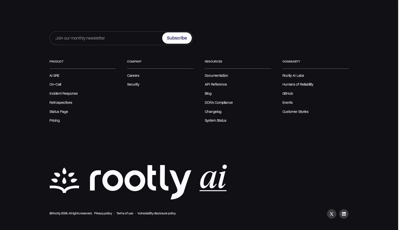 Rootly — screenshot of the footer section