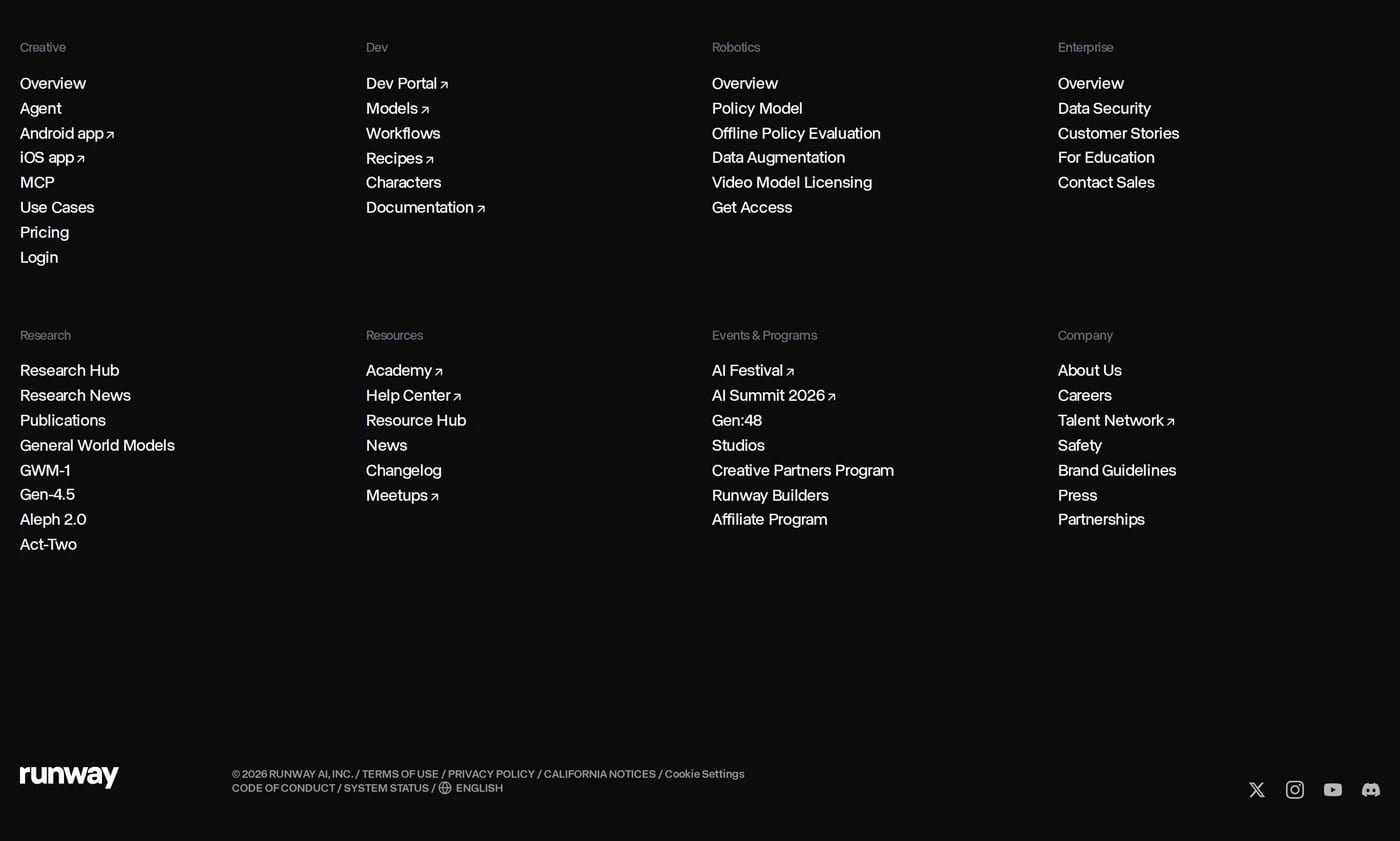 Runway — screenshot of the footer section