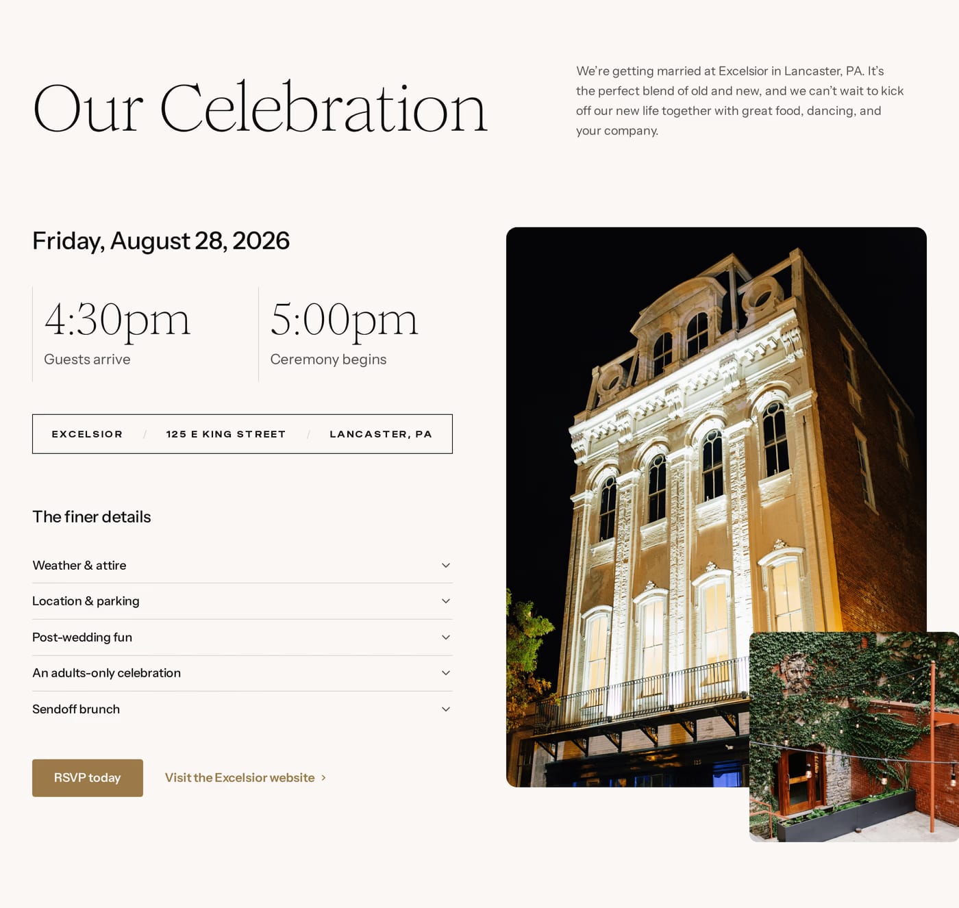 Sarah & Matt — screenshot of the events section