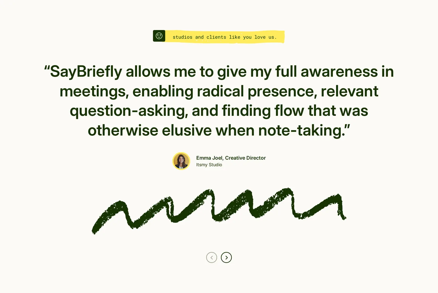 SayBriefly — screenshot of the testimonials section