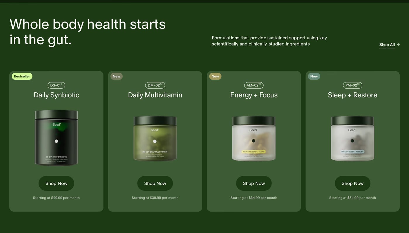 Seed — screenshot of the products section