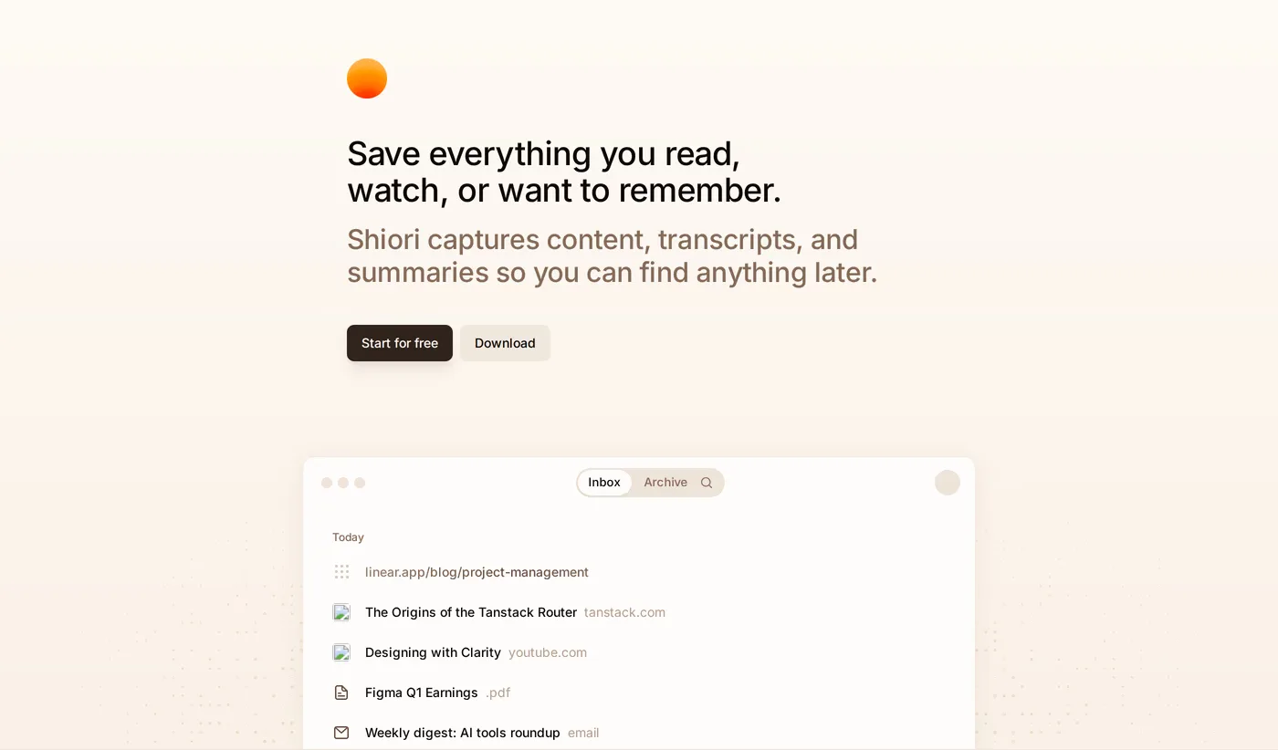 Shiori — screenshot of the hero section