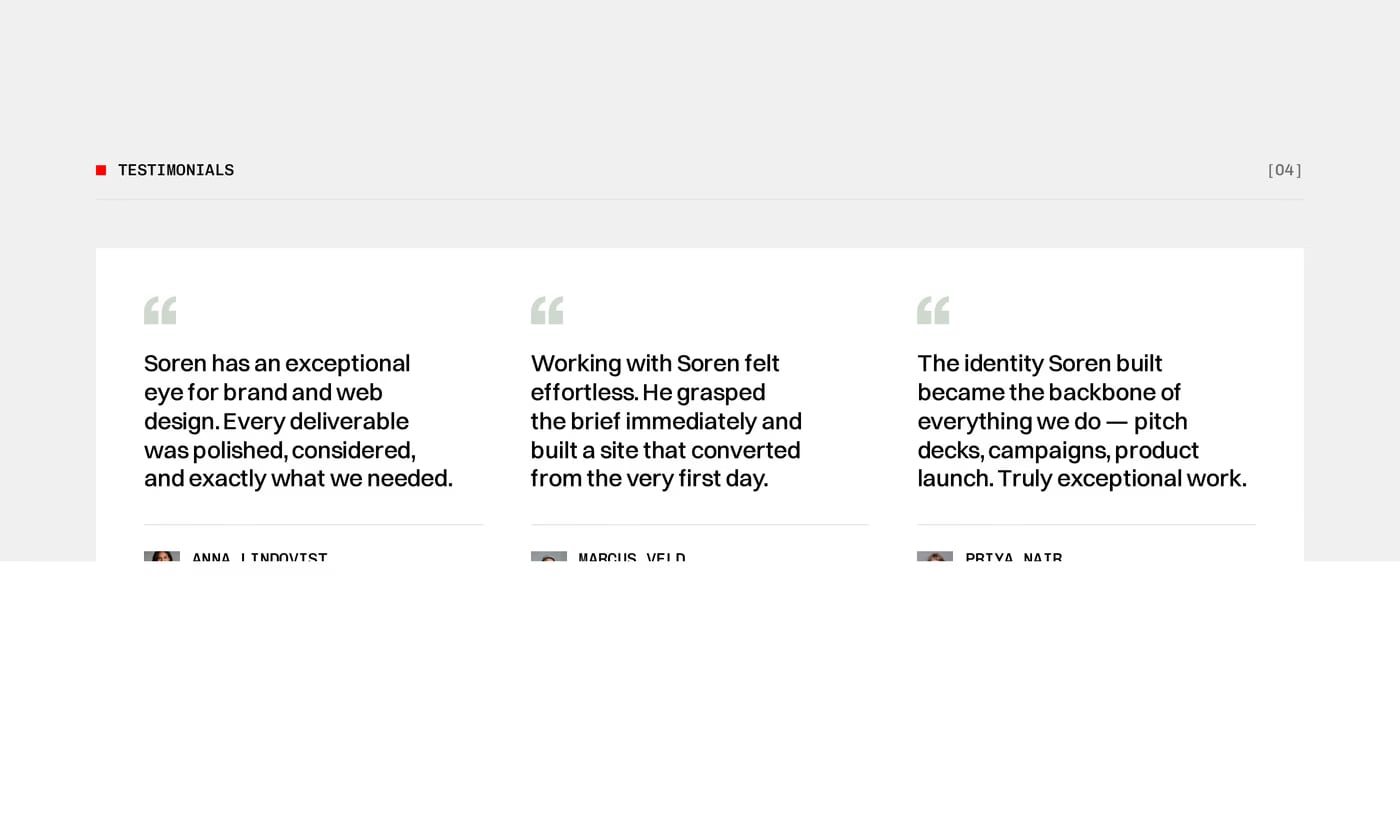 Soren — screenshot of the testimonials section
