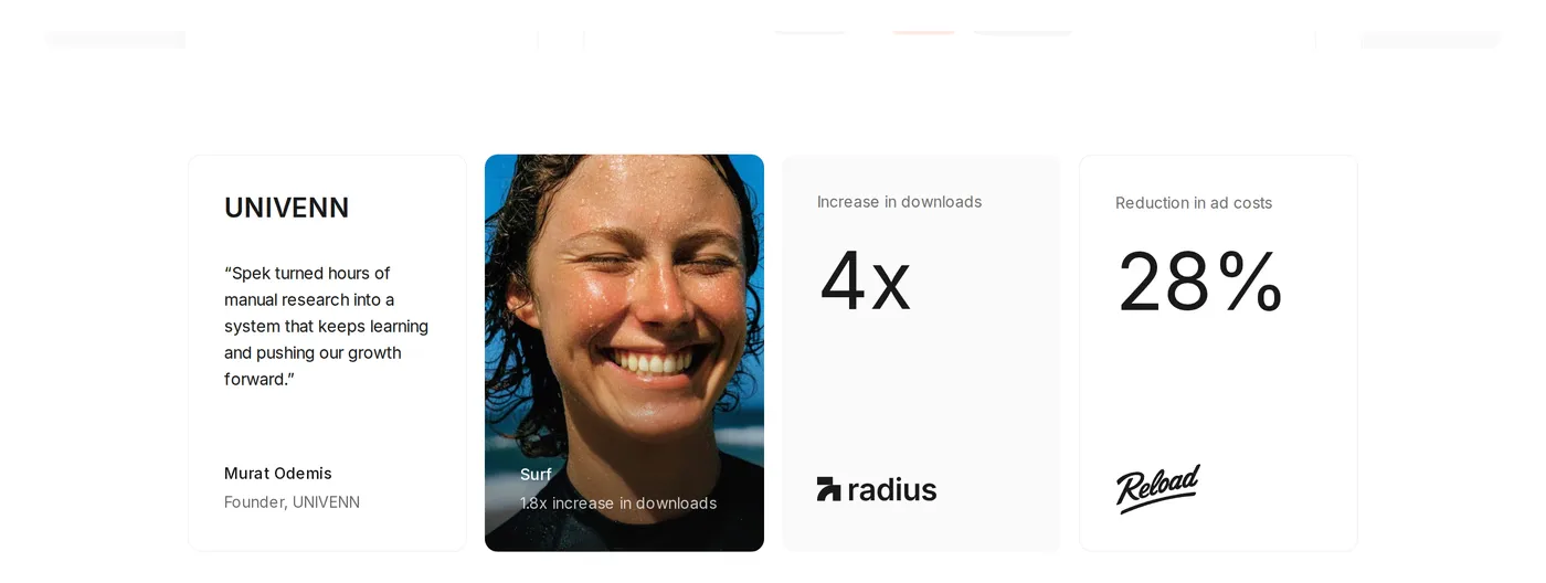 Spek — screenshot of the testimonials section