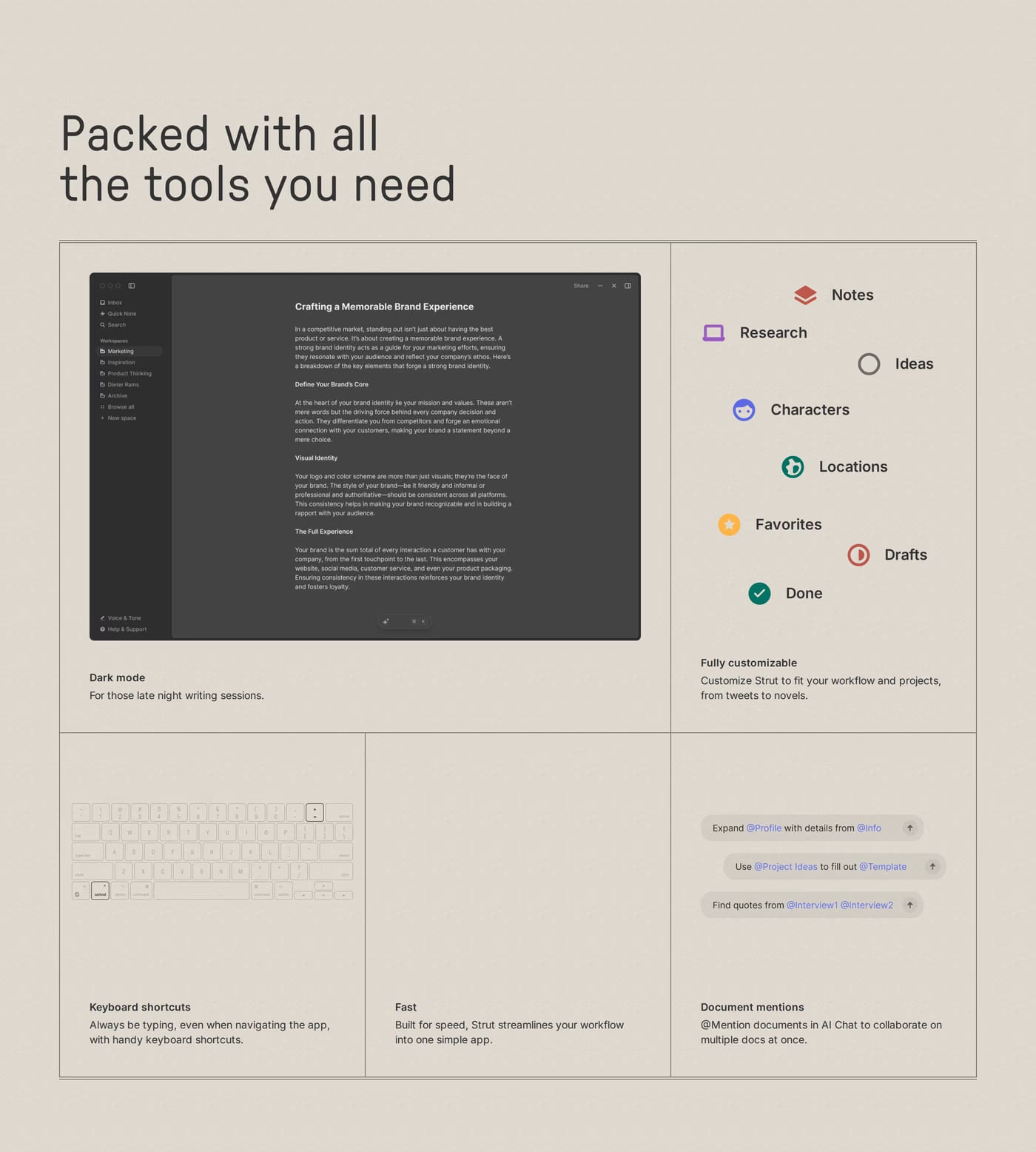 Strut — screenshot of the features section