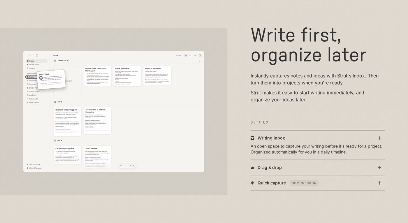 Strut — screenshot of the features section