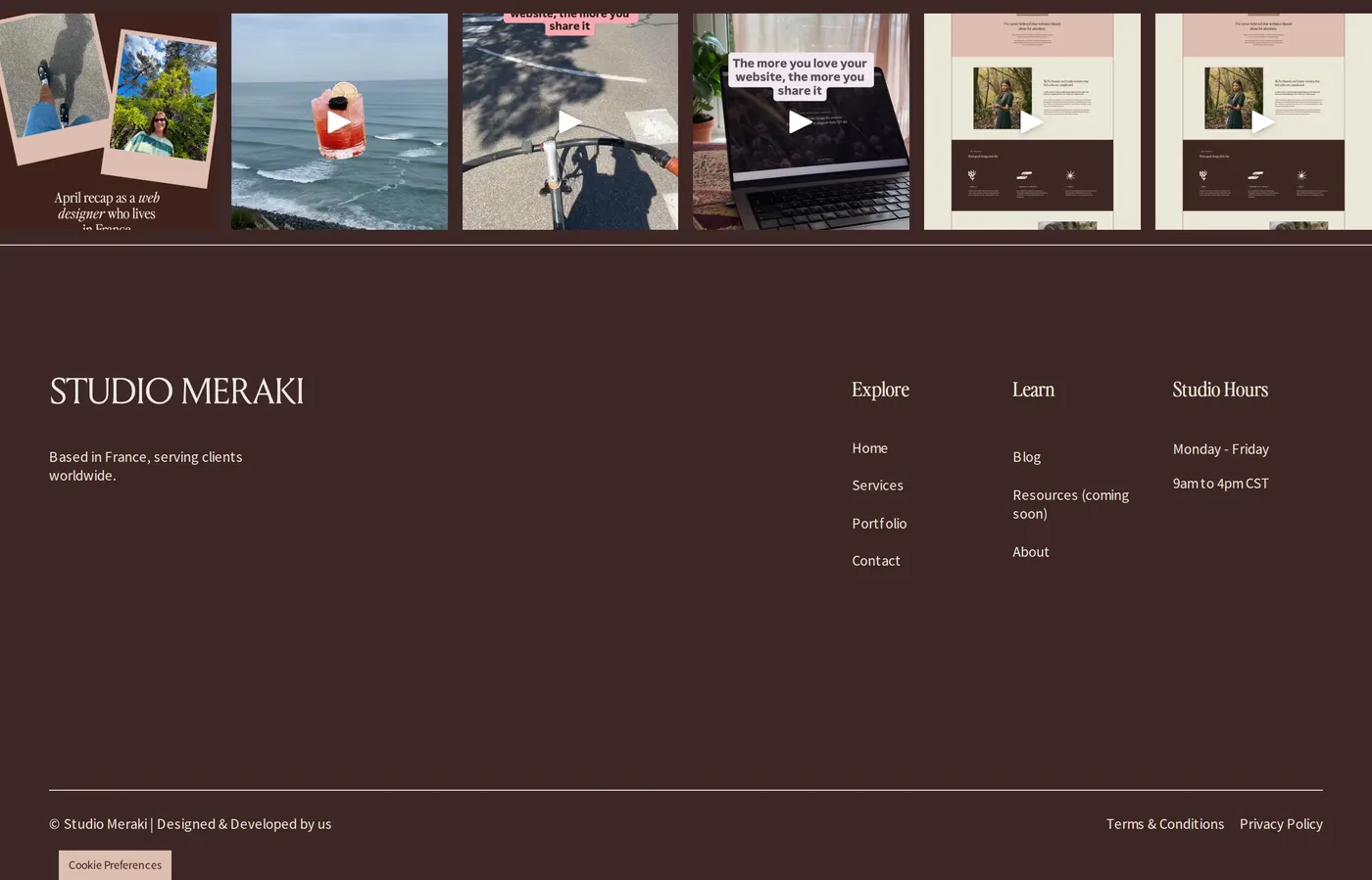 Studio Meraki — screenshot of the footer section