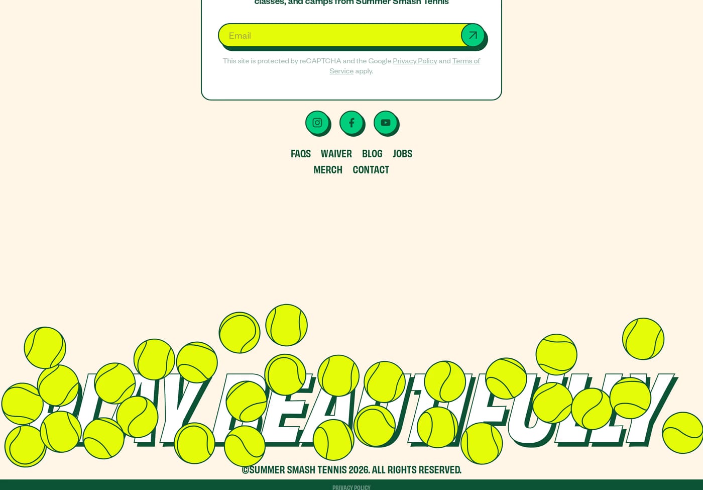 Summer Smash Tennis — screenshot of the footer section