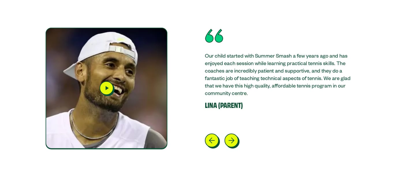 Summer Smash Tennis — screenshot of the testimonials section