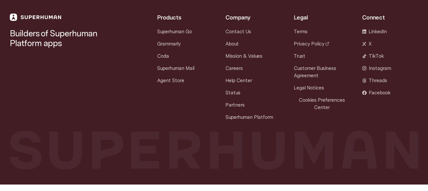 Superhuman — screenshot of the footer section