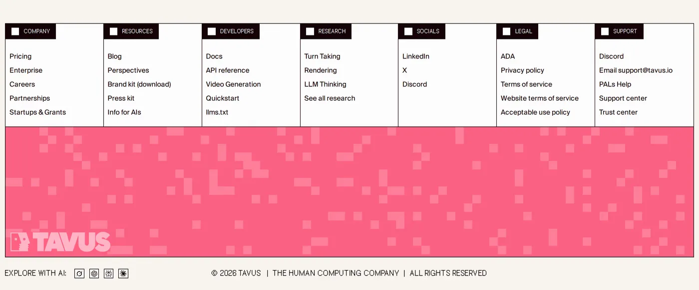 Tavus — screenshot of the footer section