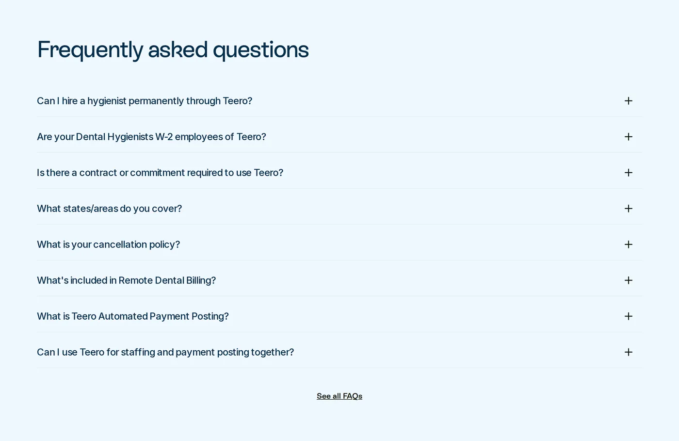 Teero — screenshot of the faq section